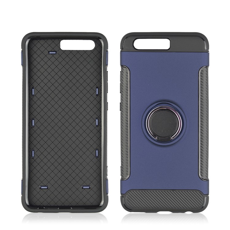 ANGIBABE Carbon Fiber Texture TPU PC Hybrid Mobile Case with Ring Holder Kickstand for Huawei P10 - Blue-5