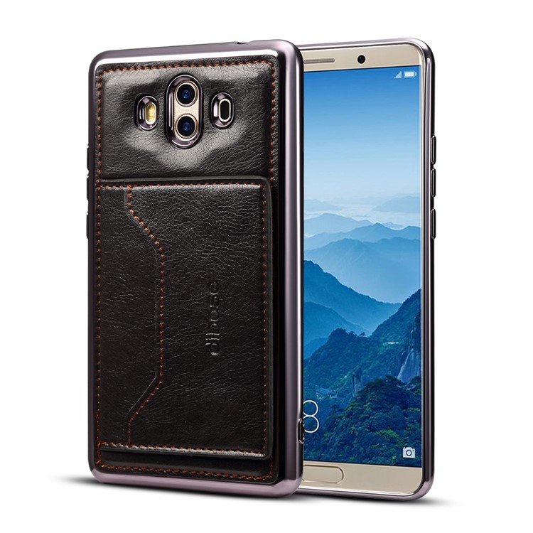 For Huawei Mate 10 Leather Coated Plated TPU Mobile Case with Card Slot Kickstand - Black-1