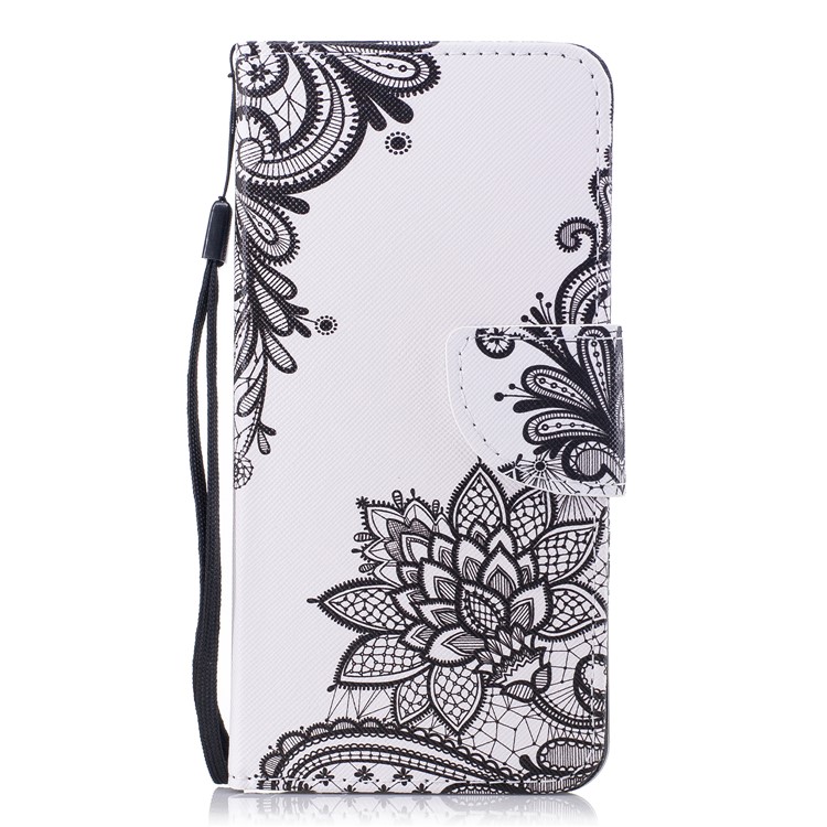 Patterned Wallet Leather Stand Cover with Card Slots for Huawei Honor 7X - Black Flowers-1