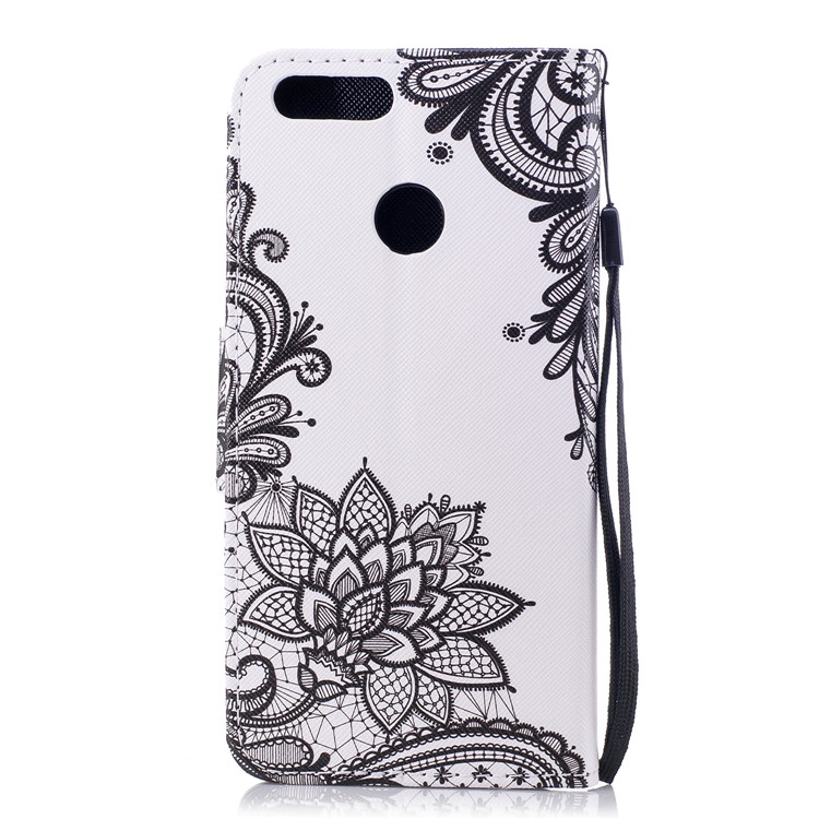 Patterned Wallet Leather Stand Cover with Card Slots for Huawei Honor 7X - Black Flowers-2