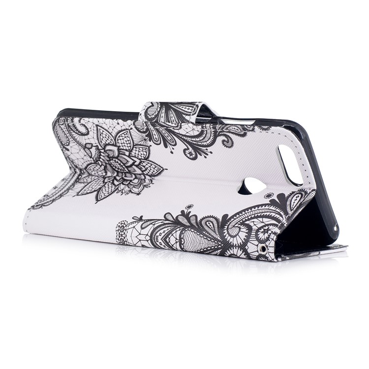 Patterned Wallet Leather Stand Cover with Card Slots for Huawei Honor 7X - Black Flowers-3