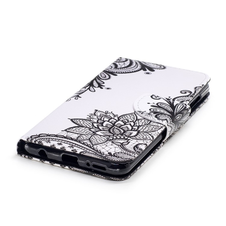 Patterned Wallet Leather Stand Cover with Card Slots for Huawei Honor 7X - Black Flowers-4