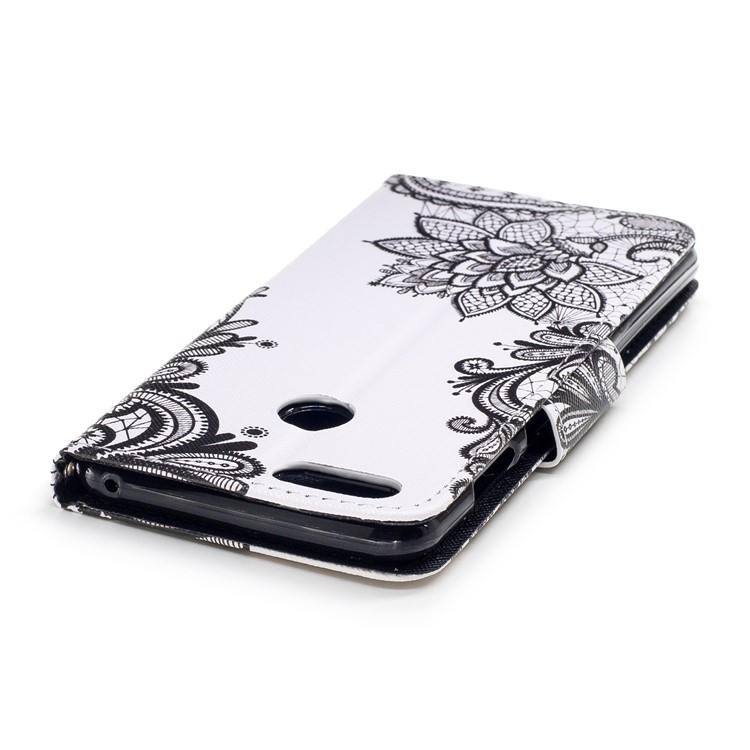 Patterned Wallet Leather Stand Cover with Card Slots for Huawei Honor 7X - Black Flowers-5