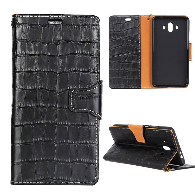Crocodile Texture Genuine Leather Wallet Stand Casing for Huawei Mate 10 - Black-1