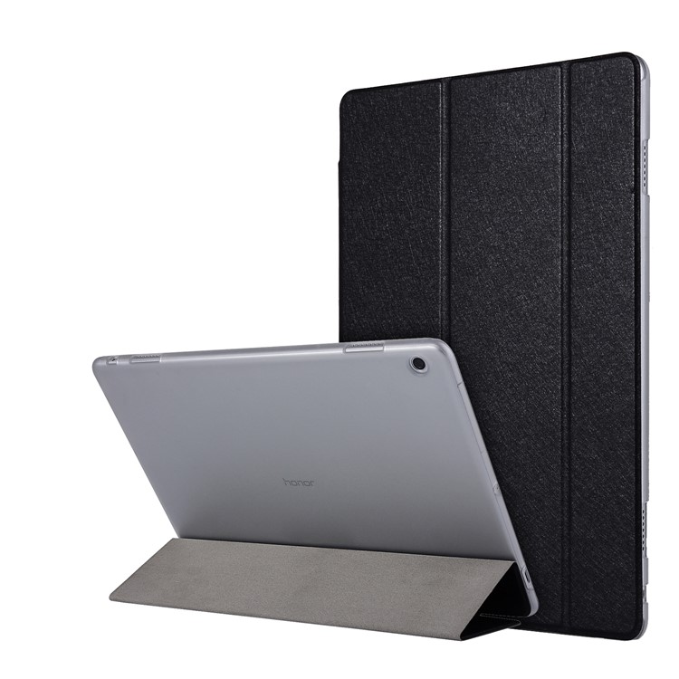 Silk Texture Tri-fold Stand Leather Case for Huawei Honor Waterplay - Black-1