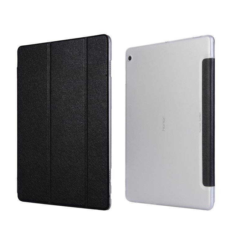 Silk Texture Tri-fold Stand Leather Case for Huawei Honor Waterplay - Black-4