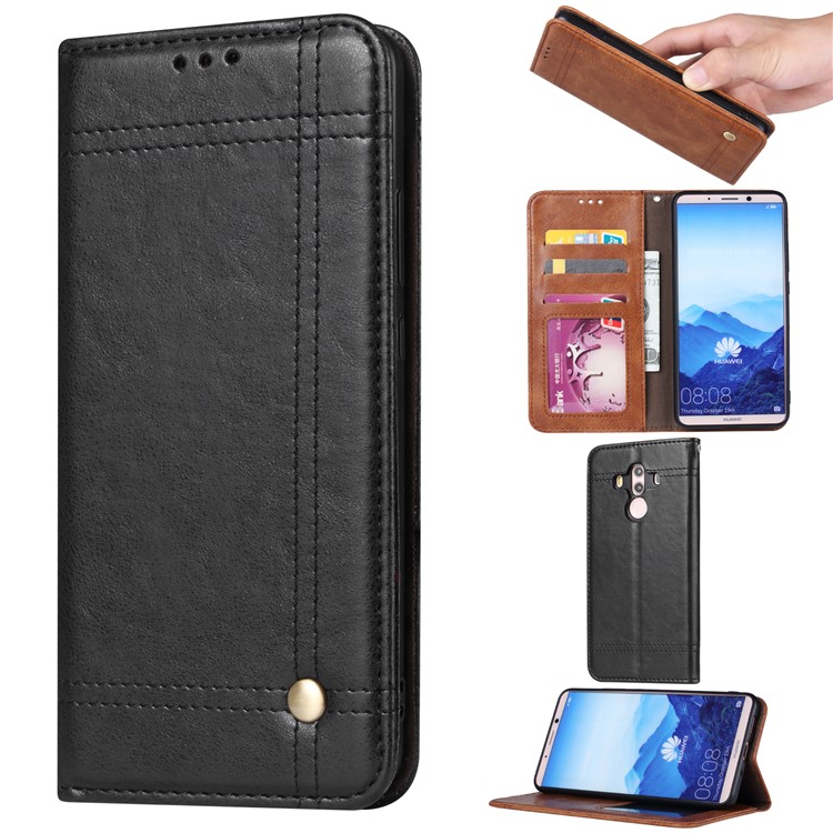 Magnetic Adsorption Vintage Wallet Leather Stand Case for Huawei Mate 10 Pro - Black-1