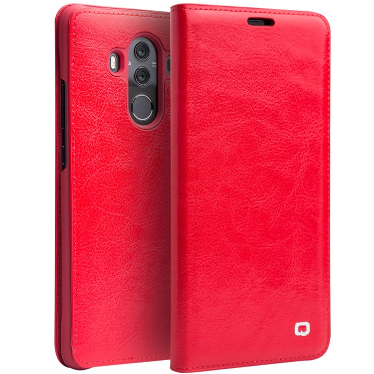 QIALINO Classic Genuine Leather Auto-wake/sleep Card Holder Cell Phone Case for Huawei Mate 10 Pro - Red-1