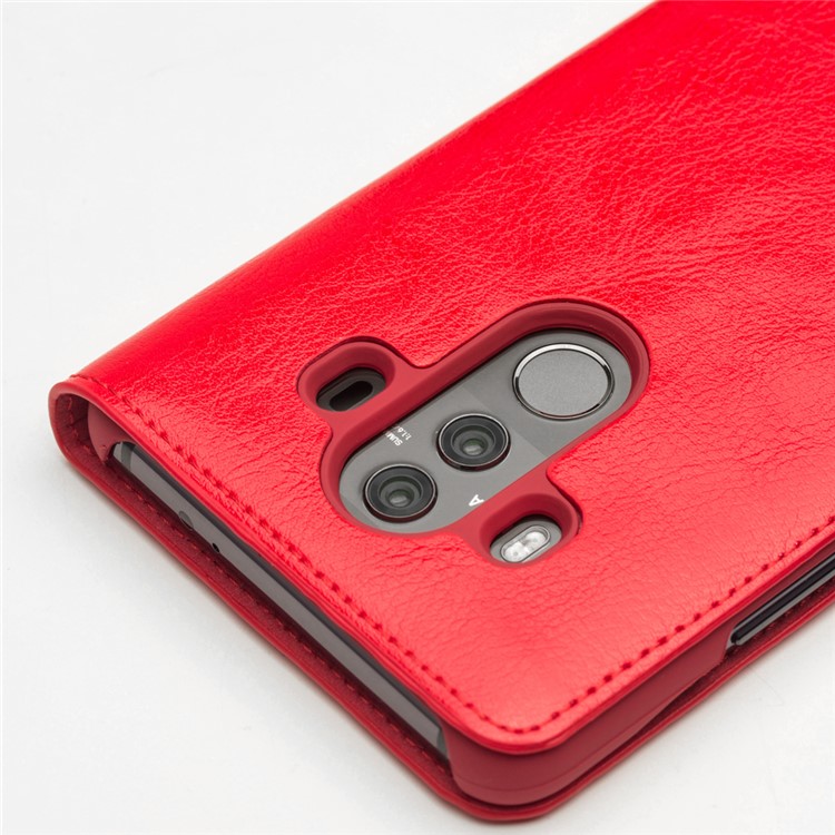 QIALINO Classic Genuine Leather Auto-wake/sleep Card Holder Cell Phone Case for Huawei Mate 10 Pro - Red-5