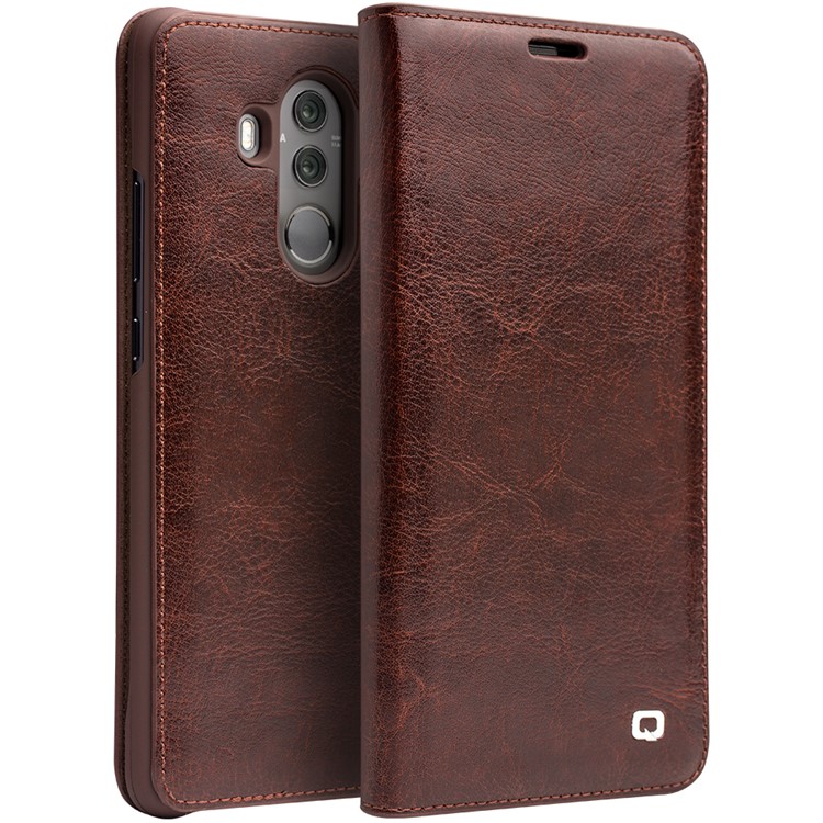 QIALINO Classic Genuine Leather Auto-wake/sleep Card Slot Cell Phone Cover for Huawei Mate 10 Pro - Brown-1