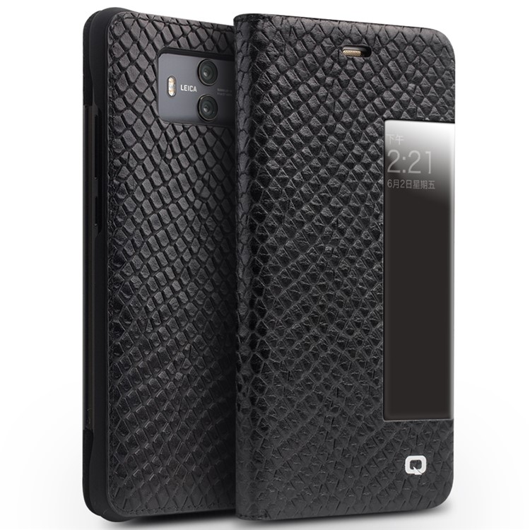 QIALINO Dragon Scale Texture View Window Cowhide Leather Smart Phone Case for Huawei Mate 10 - Black-1