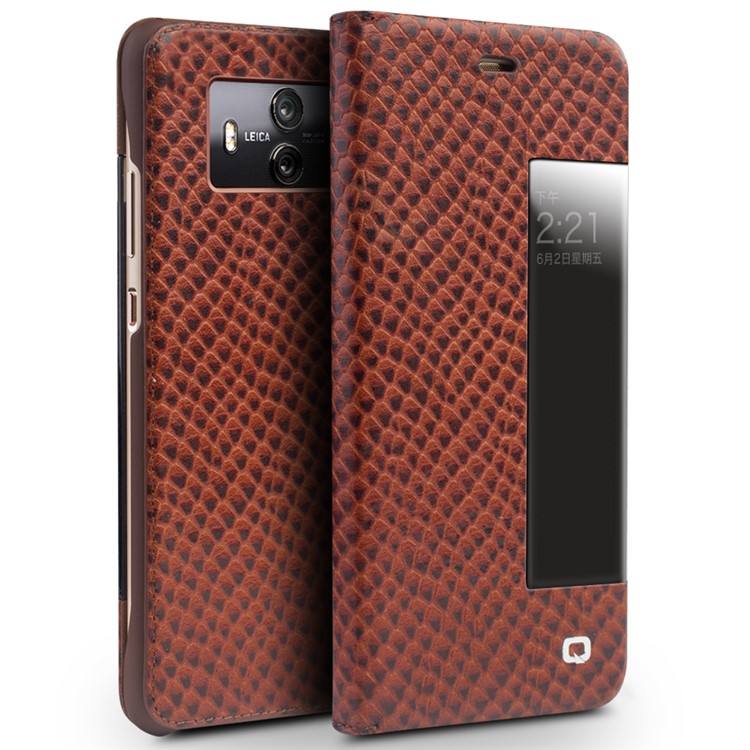 QIALINO Dragon Scale Texture View Window Smart Cowhide Leather Mobile Cover for Huawei Mate 10 - Brown-1