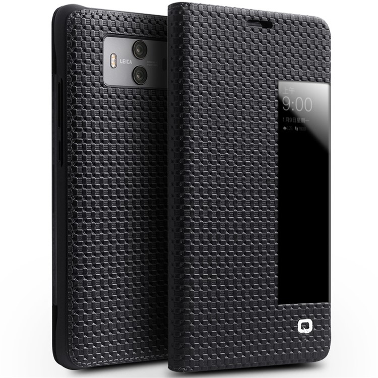 QIALINO Grid Pattern Smart View Window Genuine Leather Cover for Huawei Mate 10 - Black-1