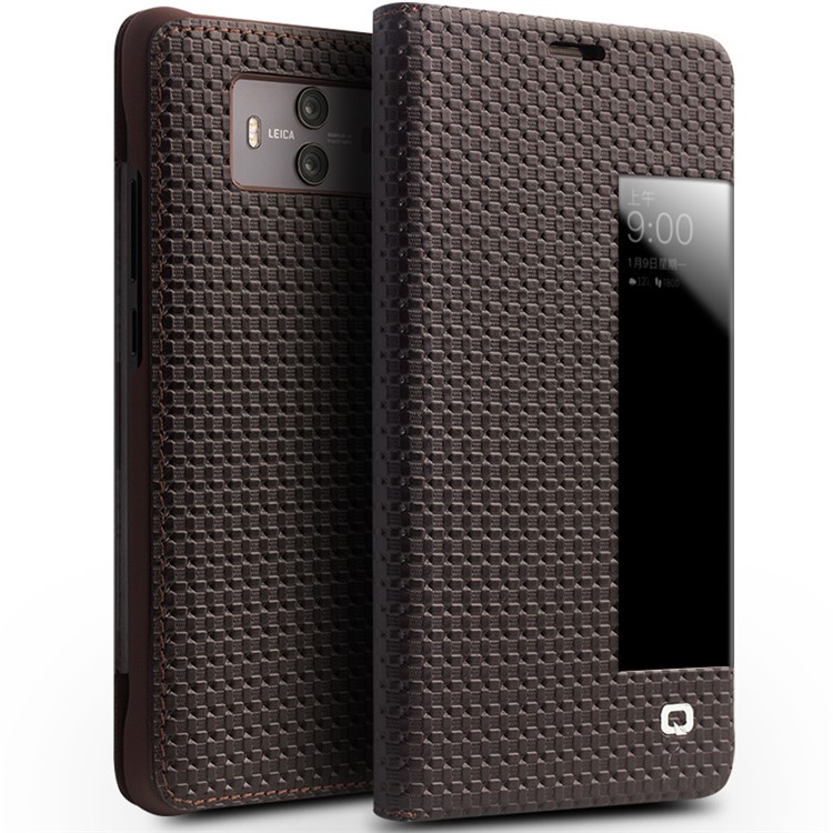 QIALINO Grid Pattern Smart View Window Genuine Leather Case for Huawei Mate 10 - Brown-1