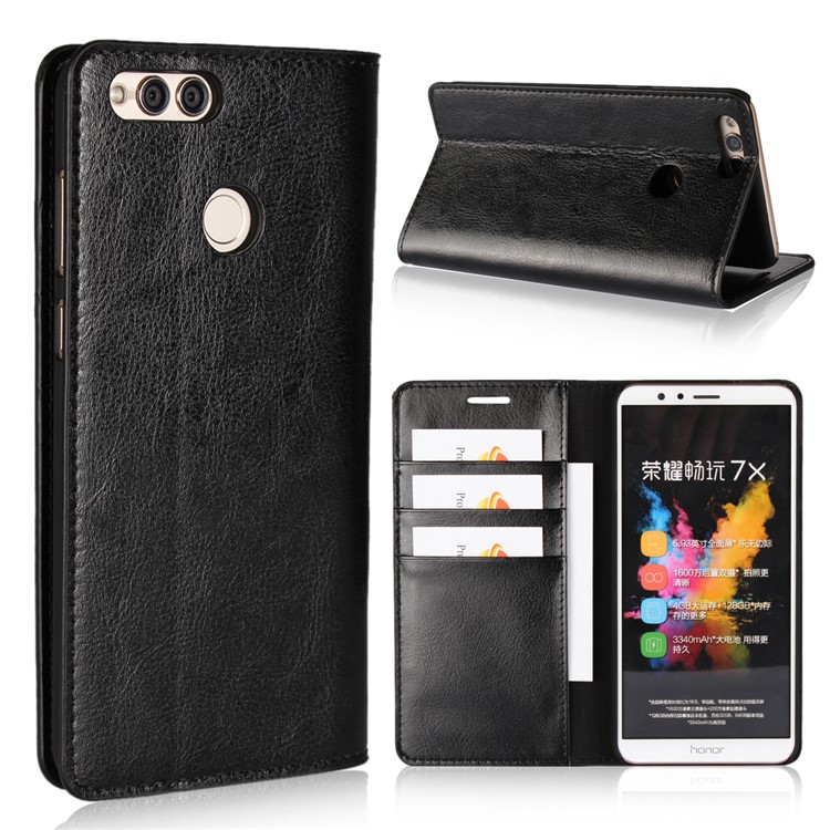 For Huawei Honor 7X Crazy Horse Genuine Leather Wallet Case with Stand - Black-1