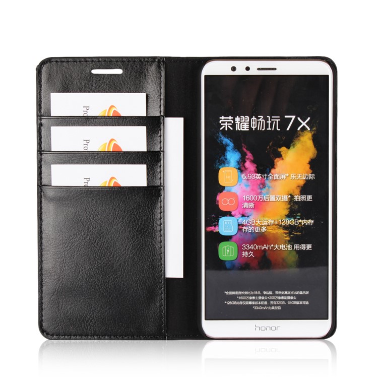 For Huawei Honor 7X Crazy Horse Genuine Leather Wallet Case with Stand - Black-5