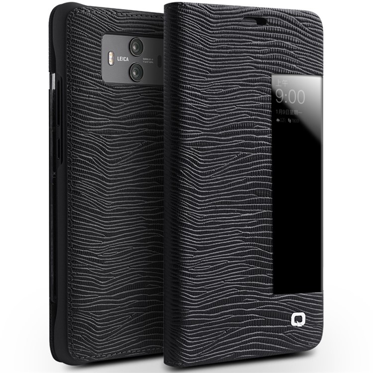 QIALINO View Window Smart Lizard Texture Leather Phone Case for Huawei Mate 10 - Black-1