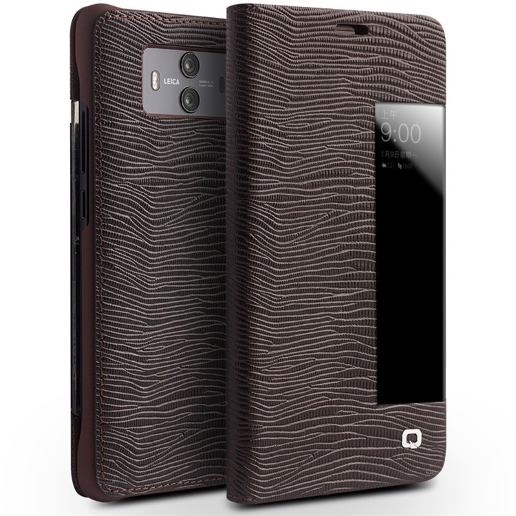 QIALINO View Window Smart Lizard Texture Leather Phone Casing for Huawei Mate 10 - Brown-1