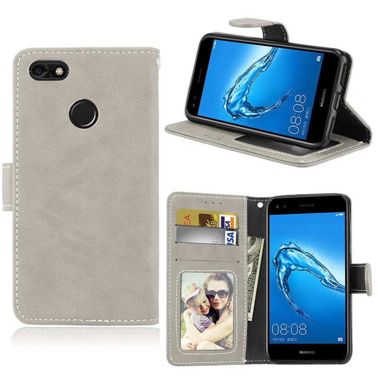 Matte Finish Wallet PU Leather Stand Cover for Huawei Y6 Pro (2017) / Enjoy 7 / P9 lite mini - Grey-1