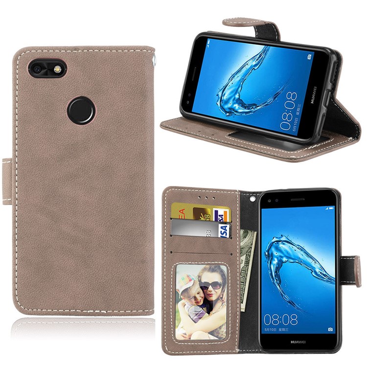 Matte Finish Wallet PU Leather Stand Casing for Huawei Y6 Pro (2017) / Enjoy 7 / P9 lite mini - Khaki-1