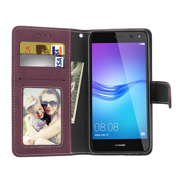 Matte Finish Wallet PU Leather Stand Shell for Huawei Y6 (2017) / Y5 (2017) - Wine Red-9