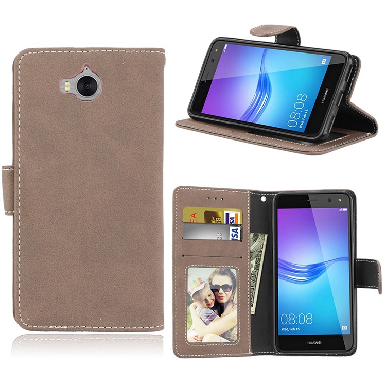 Matte Finish Wallet PU Leather Stand Casing for Huawei Y6 (2017) / Y5 (2017) - Khaki-1