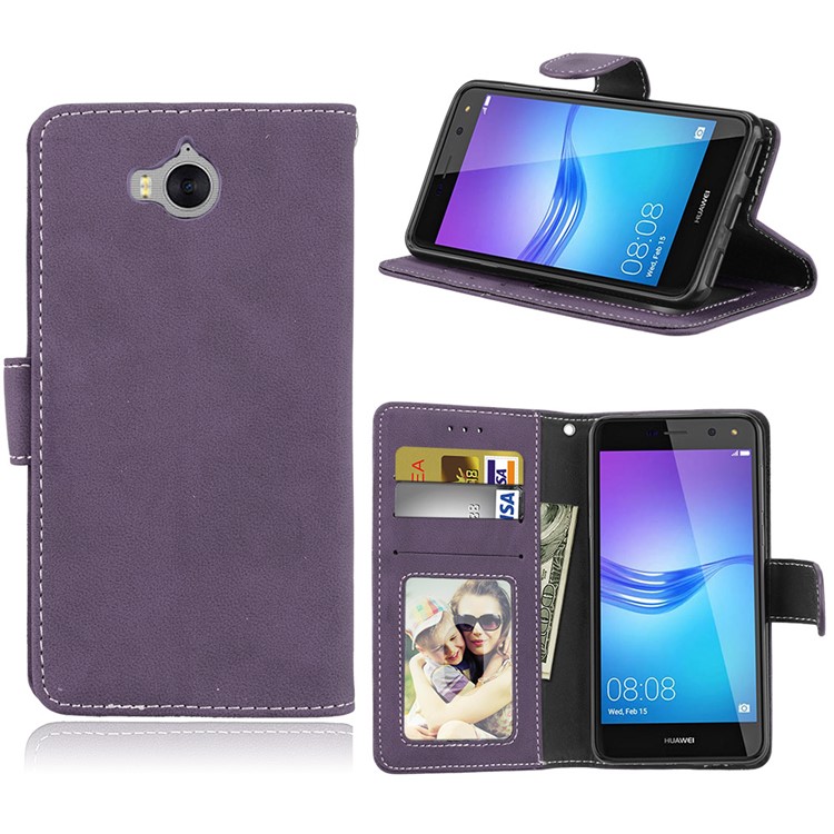 Matte Finish Wallet PU Leather Stand Mobile Phone Cover for Huawei Y6 (2017) / Y5 (2017) - Purple-1