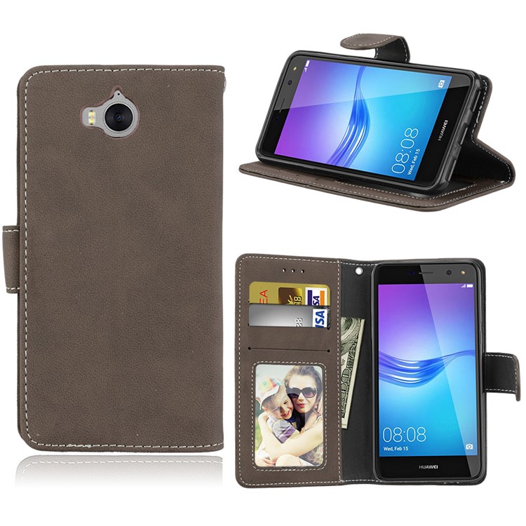 Matte Finish Wallet PU Leather Stand Cell Phone Cover for Huawei Y6 (2017) / Y5 (2017) - Brown-1