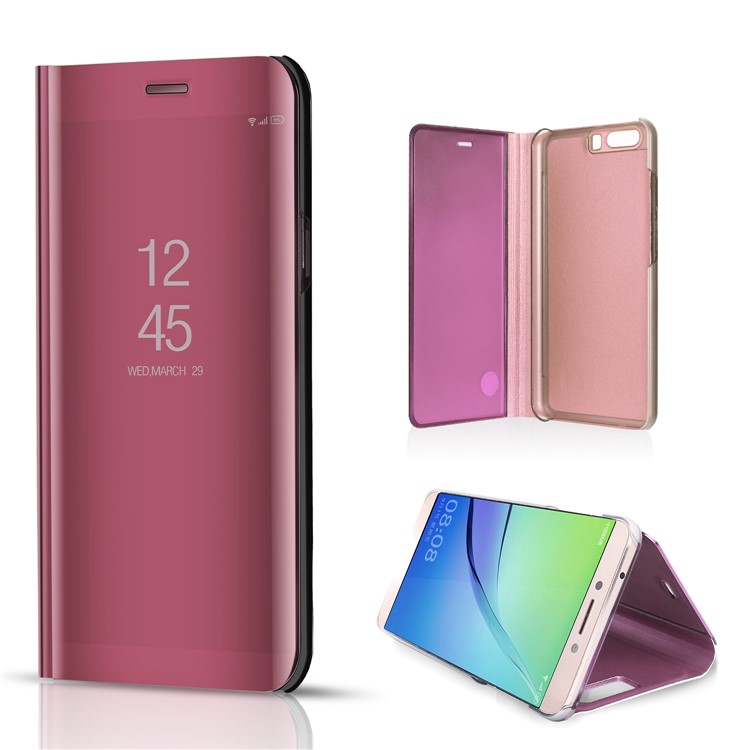 Plating Mirror Surface PC View Window Stand Leather Flip Case for Huawei P10 - Rose Gold-1