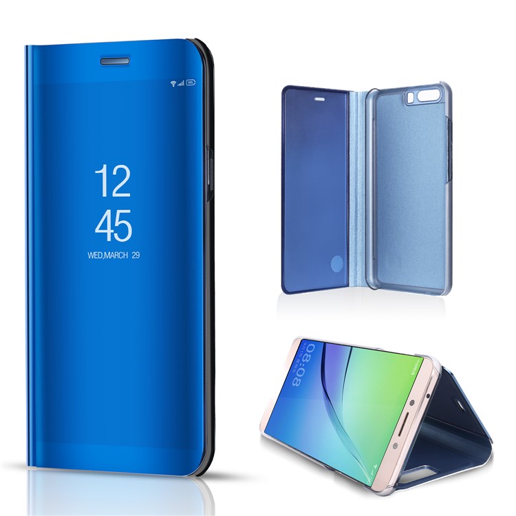 Plating Mirror Surface PC Leather View Window Phone Shell for Huawei P10 - Dark Blue-1