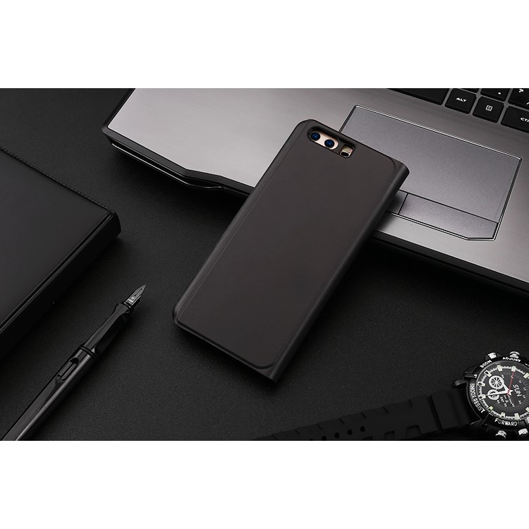 For Huawei P10 Plus Plating Mirror Surface PC Leather View Window Stand Case - Black-2