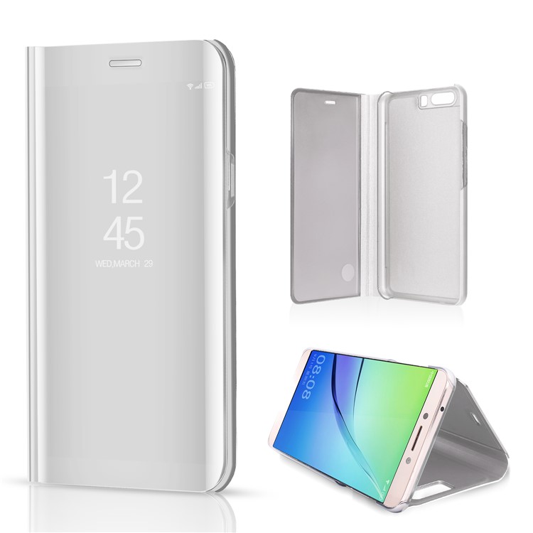 For Huawei P10 Plus Plating Mirror Surface PC Leather View Window Stand Cover - Silver-1