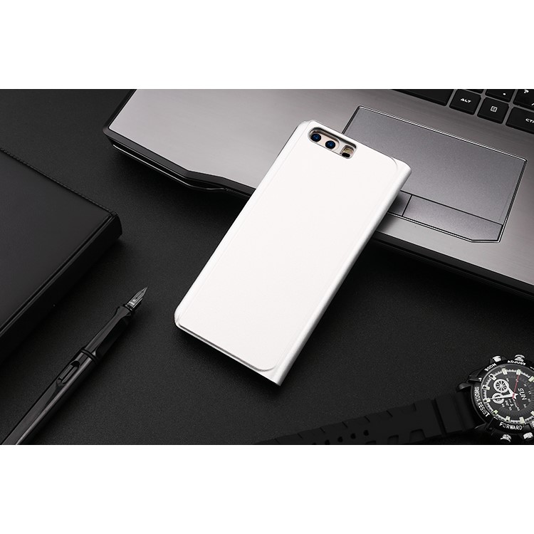 For Huawei P10 Plus Plating Mirror Surface PC Leather View Window Stand Cover - Silver-2