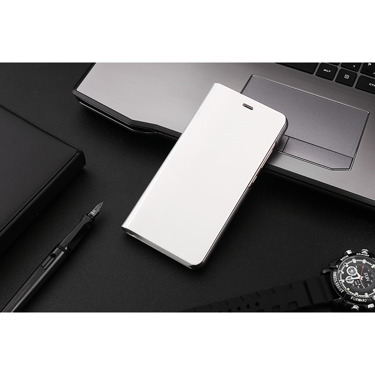 For Huawei P10 Plus Plating Mirror Surface PC Leather View Window Stand Cover - Silver-3