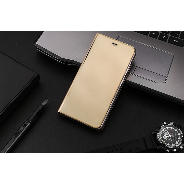 For Huawei P10 Lite Plated Mirror Surface View Leather Stand Mobile Flip Case Cover - Gold-2