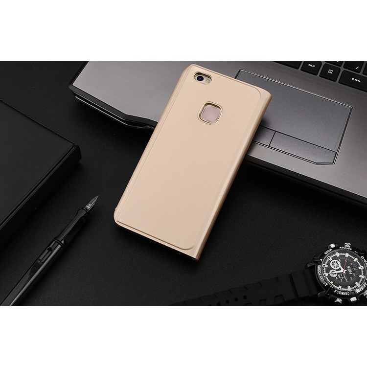 For Huawei P10 Lite Plated Mirror Surface View Leather Stand Mobile Flip Case Cover - Gold-3