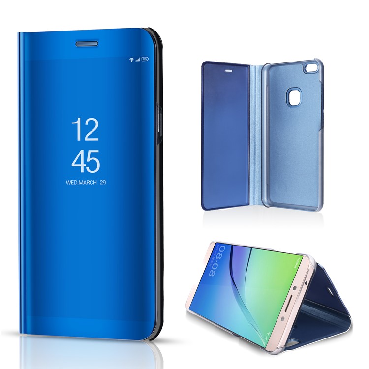 For Huawei P10 Lite Plated Mirror Surface View Leather Stand Phone Folio Case - Blue-1