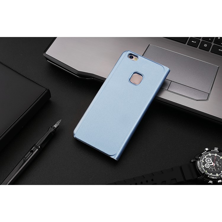For Huawei P10 Lite Plated Mirror Surface View Leather Stand Phone Folio Case - Blue-10