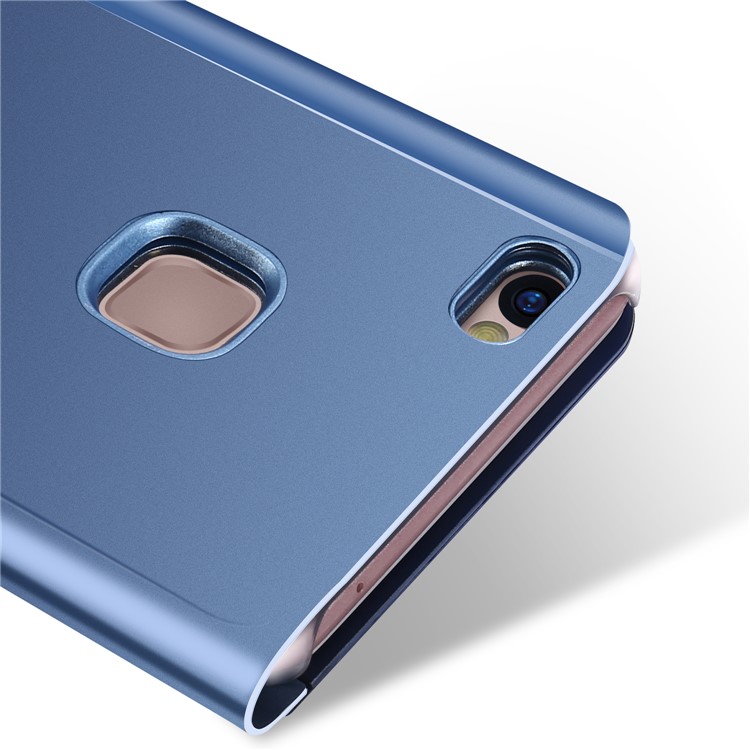 For Huawei P10 Lite Plated Mirror Surface View Leather Stand Phone Folio Case - Blue-2