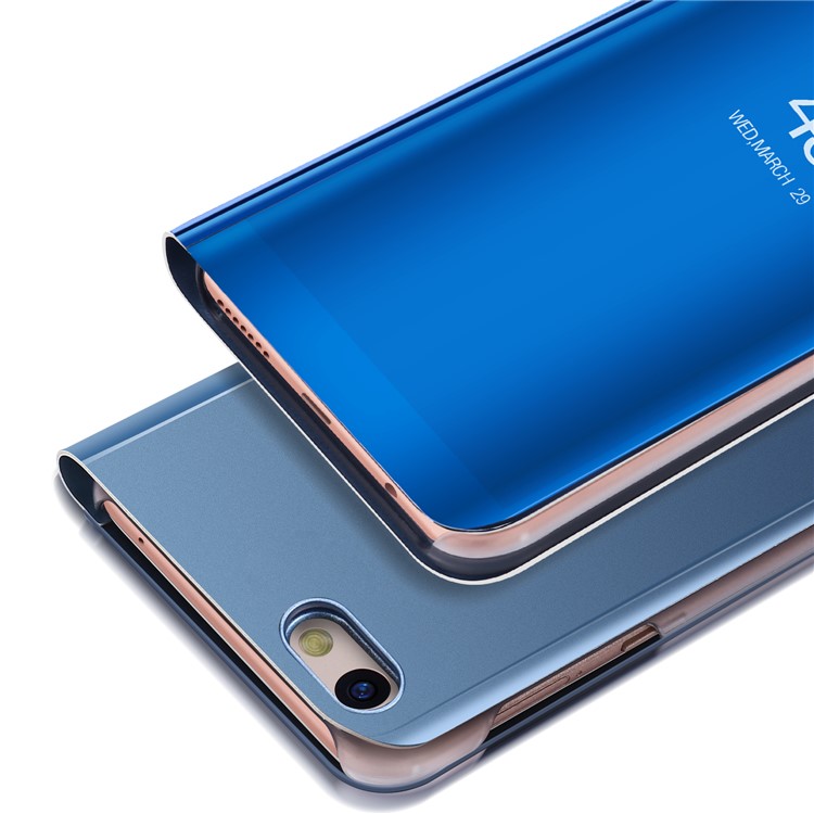 For Huawei P10 Lite Plated Mirror Surface View Leather Stand Phone Folio Case - Blue-3