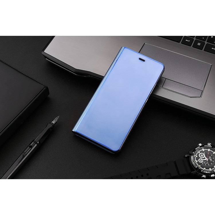 For Huawei P10 Lite Plated Mirror Surface View Leather Stand Phone Folio Case - Blue-9