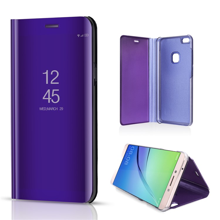 For Huawei P10 Lite Plated Mirror Surface View Leather Phone Shell Cover with Stand - Purple-1