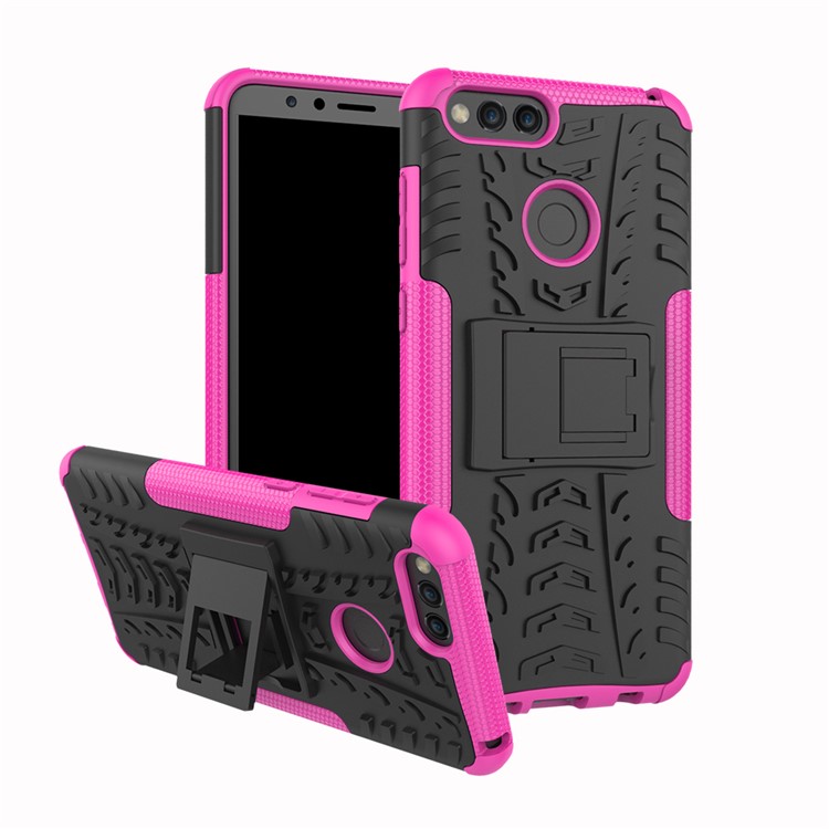 2-in-1 Tyre Pattern PC + TPU Hybrid Back Case with Kickstand for Huawei Honor 7X - Rose-1