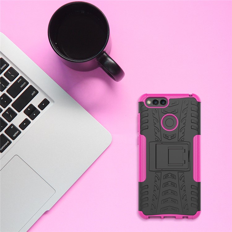 2-in-1 Tyre Pattern PC + TPU Hybrid Back Case with Kickstand for Huawei Honor 7X - Rose-3