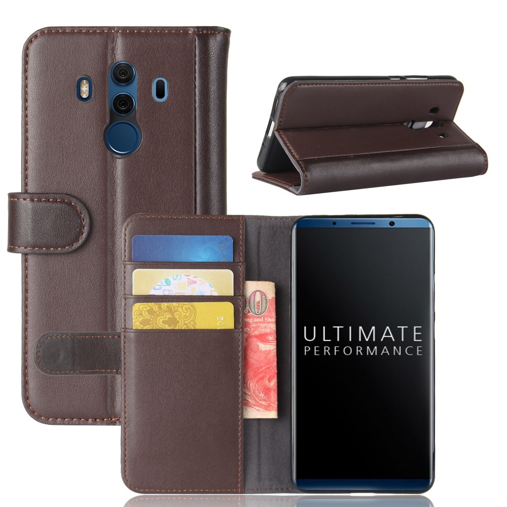 Genuine Split Leather Protective Wallet Phone Case with Stand for Mate 10 Pro - Brown-1