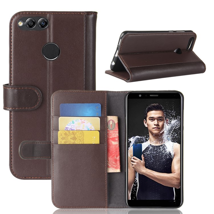 Genuine Split Leather Flip Stand Wallet Mobile Phone Shell for Huawei Honor 7X - Brown-1