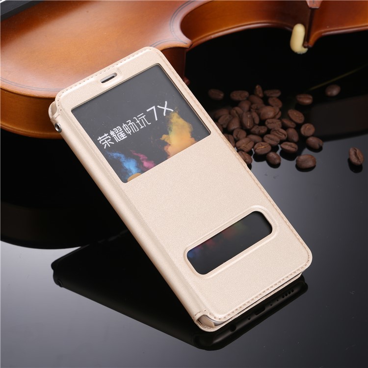 Dual View Window Leather Stand Flip Case for Huawei Honor 7X - Gold-1