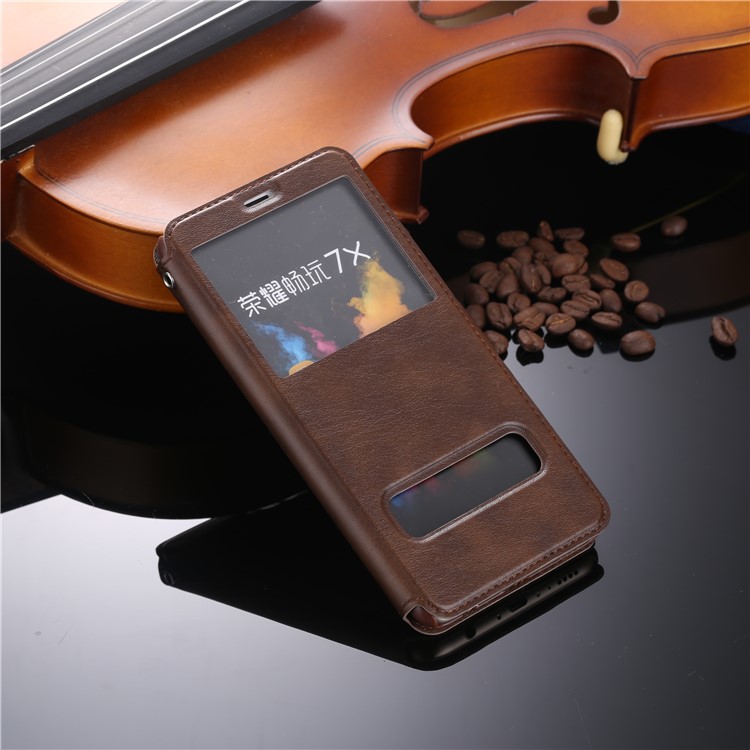 Dual View Window Leather Bracket Case for Huawei Honor 7X - Coffee-1