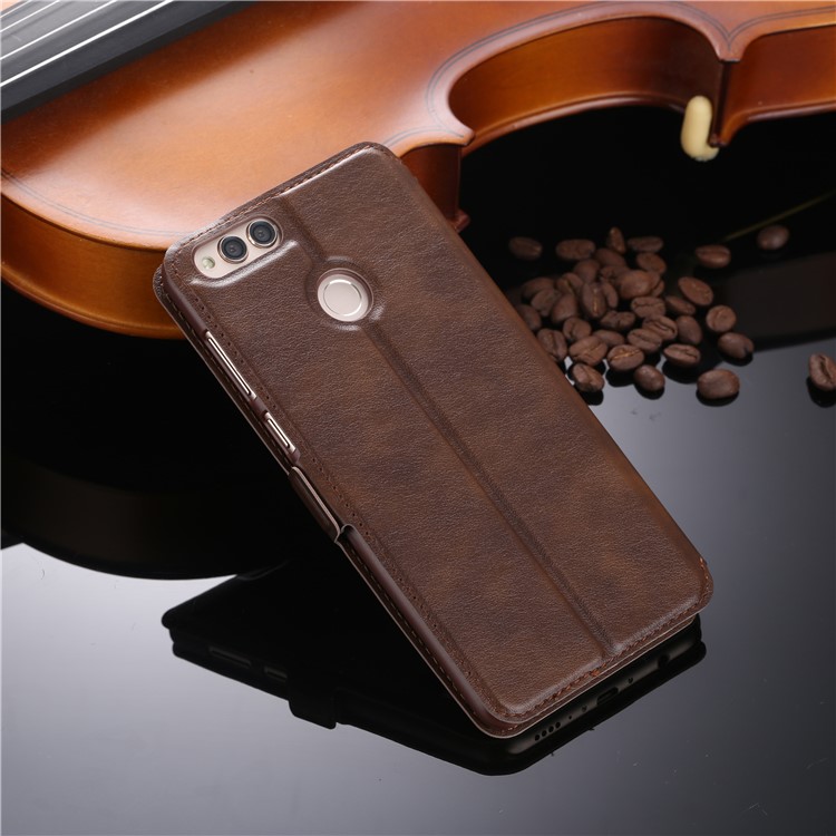 Dual View Window Leather Bracket Case for Huawei Honor 7X - Coffee-2