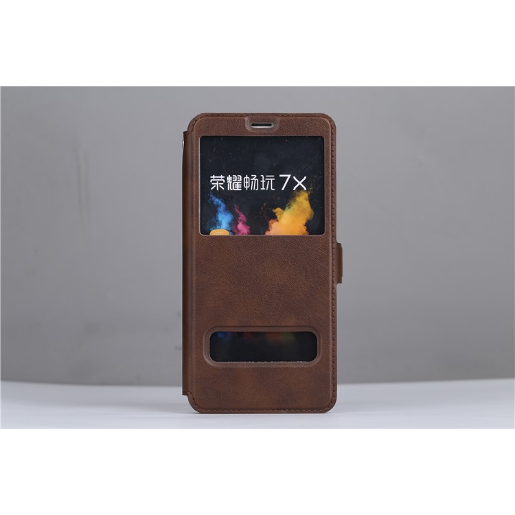Dual View Window Leather Bracket Case for Huawei Honor 7X - Coffee-4